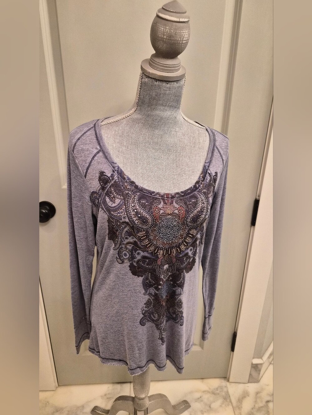 One World Women's Scoop Neck Long Sleeve Top with Ornate Front Print - Mauve
